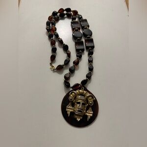 Vintage Aztec/Mayan Pendant Tortoiseshell Beaded Statement Necklace *READ*